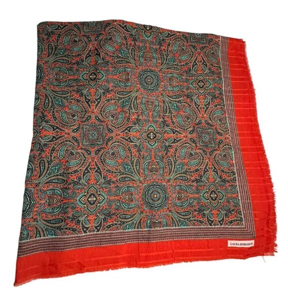 Vintage Laura Borghese, Italy Green and Red Paisley oversized Wrap Scarf Square - Picture 7 of 7